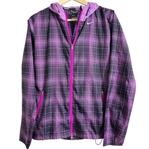 Nike Running Womens Purple Pink Plaid Grid Windbreaker Jacket‎ Hooded Medium